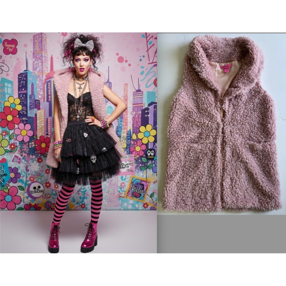 BETSEY JOHNSON Womens Faux Fur Vest Phoebe Bohemian Festival Maximalism- OS Pink
